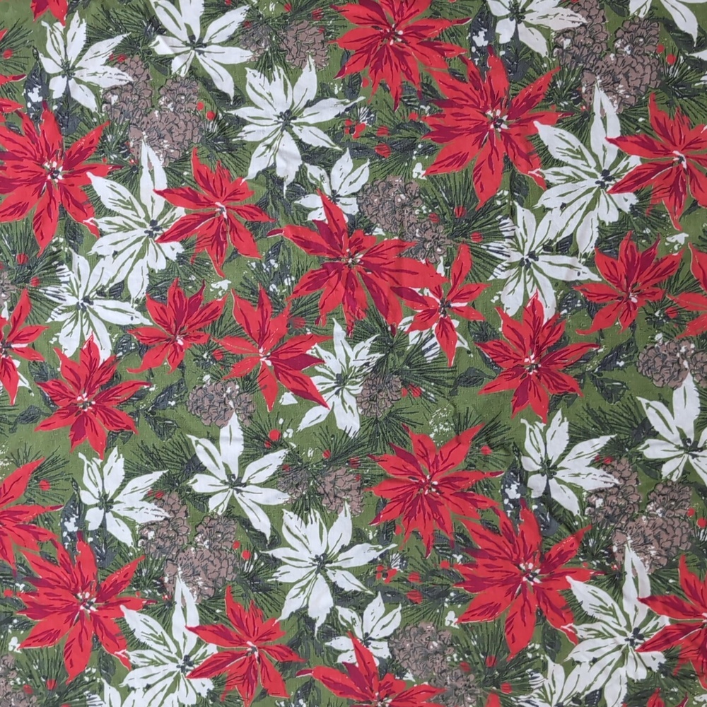 Vintage 60s/70s Classic Christmas Round Tablecloth Poinsettia Pinecones Pom Poms - Picture 3 of 7
